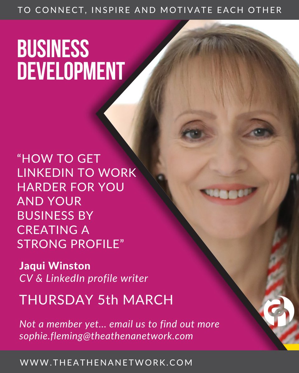 Join us for quality, online, female only networking on Thursday 5th March.

Our speaker this month is Jaqui Winston and the title of her talk is ‘How to get LinkedIn to work harder for you and your business by creating a strong profile’.