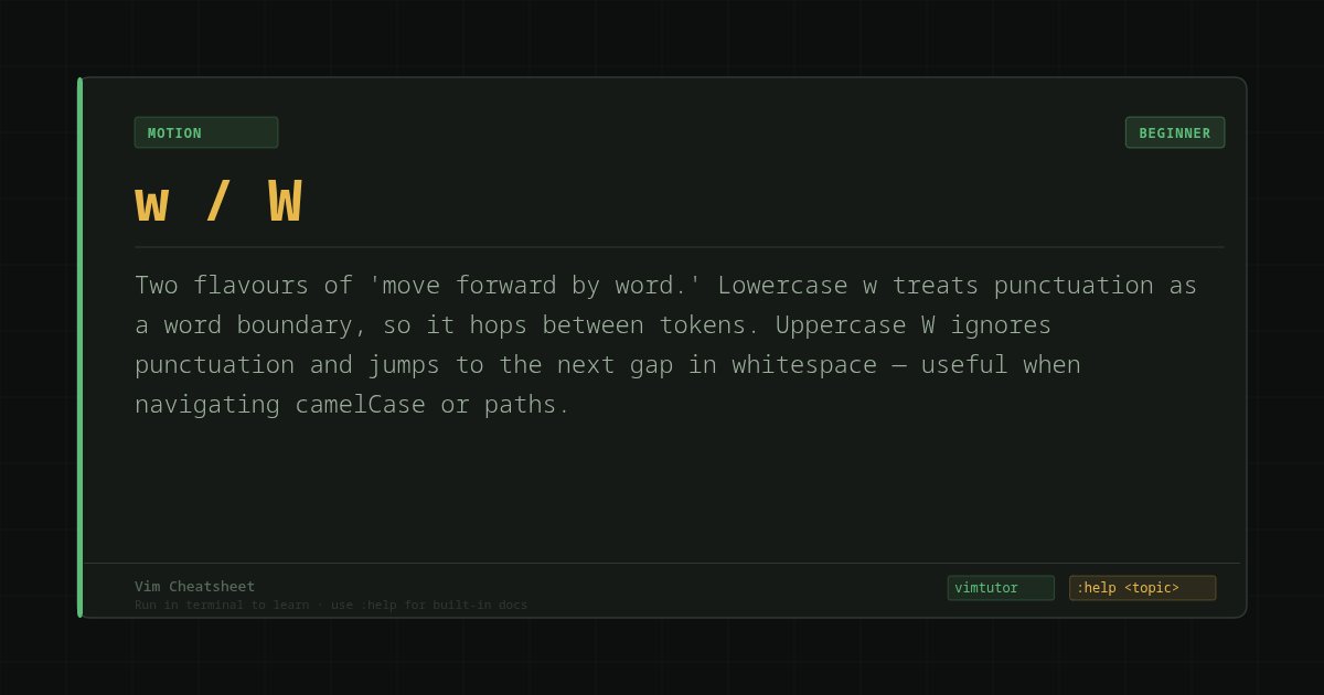 ostechnix's tweet photo. Daily Vim tip: w / W

Two flavours of 'move forward by word.' Lowercase w treats punctuation as a word boundary, so it hops between tokens. Uppercase W ignores punctuation and jumps to the next gap in whitespace — useful when navigating camelCase or paths.

#vim #vimtip #coding https://t.co/XdZkYSRqJQ