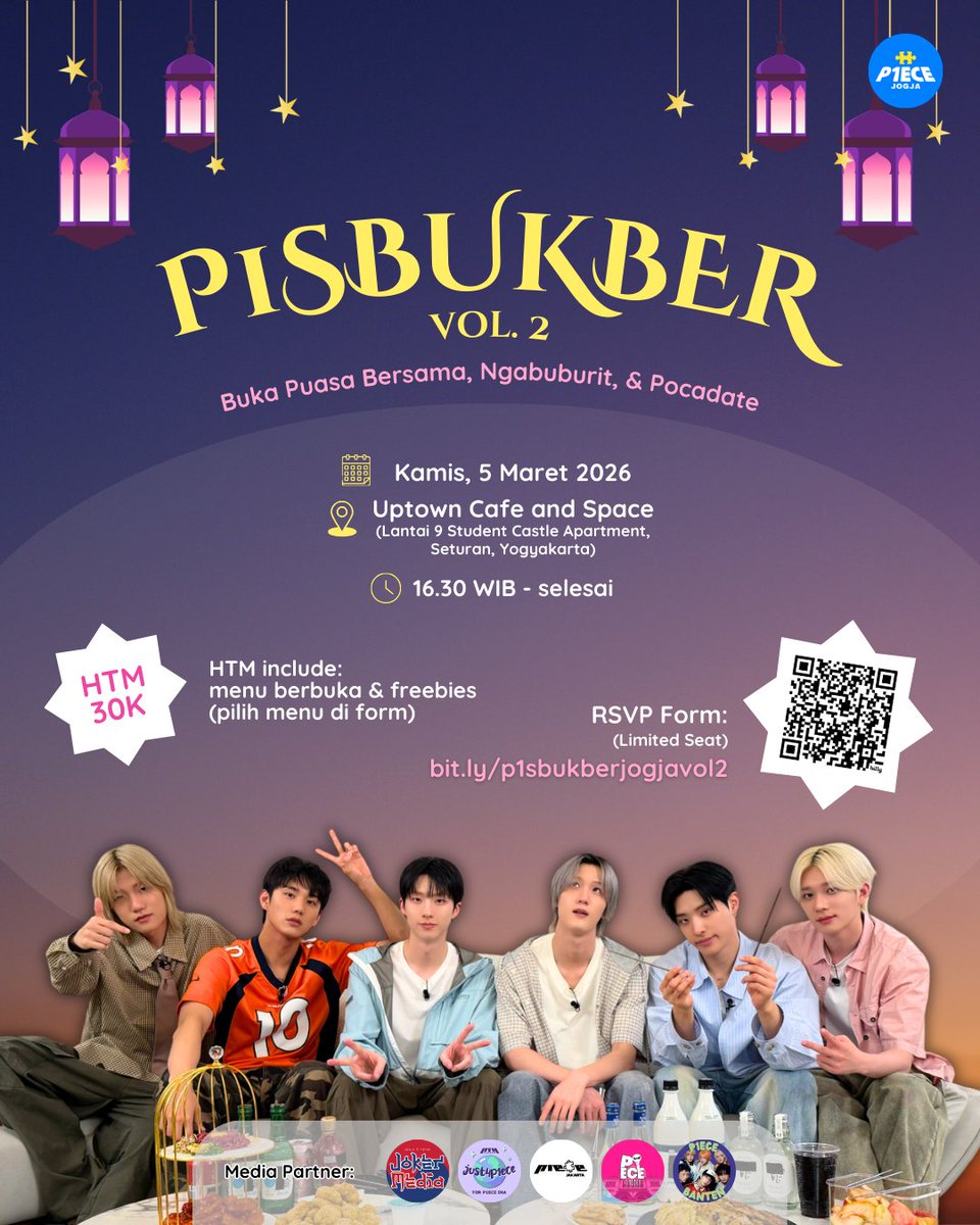 ☾ ✰ P1sbukber in Jogja Vol.2 ☾ ✰ 
⤷ support by p1ecejogja ᯓ★

🗓 Kamis, 05 Maret 2026
📍 Uptown Cafe &amp; Space, Yogyakarta
📮 RSVP bit.ly/p1sbukberjogja…

Jangan sampai ketinggalan &amp; sampai jumpa p1ece! 𖹭
#P1harmony #피원하모니