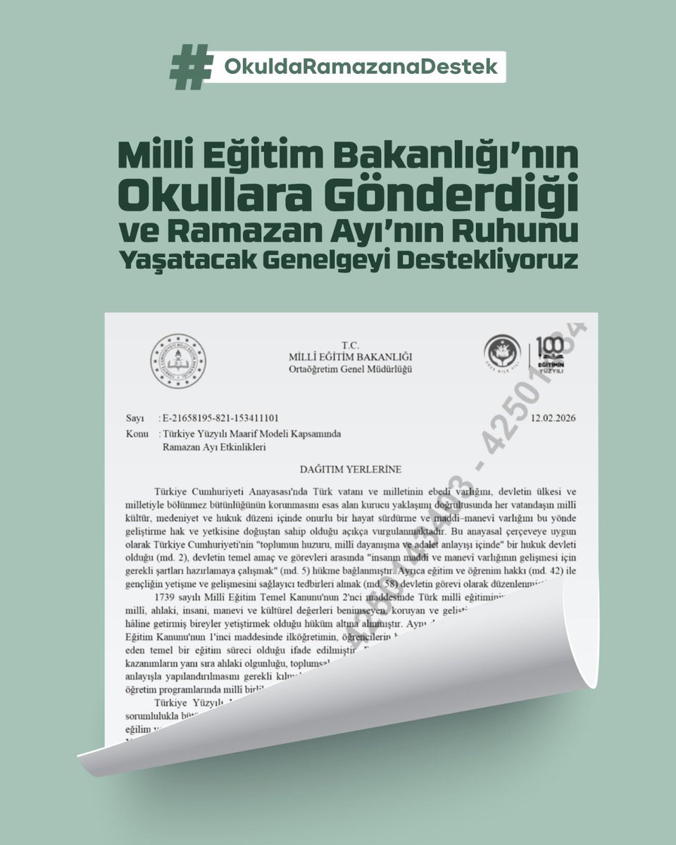 Ramazan ayı vesilesiyle okullarda başlatılan programlar; paylaşmayı, dayanışmayı ve sabrı öğretmeyi amaçlamaktadır. Bu çabayı “laiklik elden gidiyor” söylemiyle hedef göstermek, toplumu gereksiz bir kutuplaşmaya sürükleme girişimidir.

#OkuldaRamazanaDestek