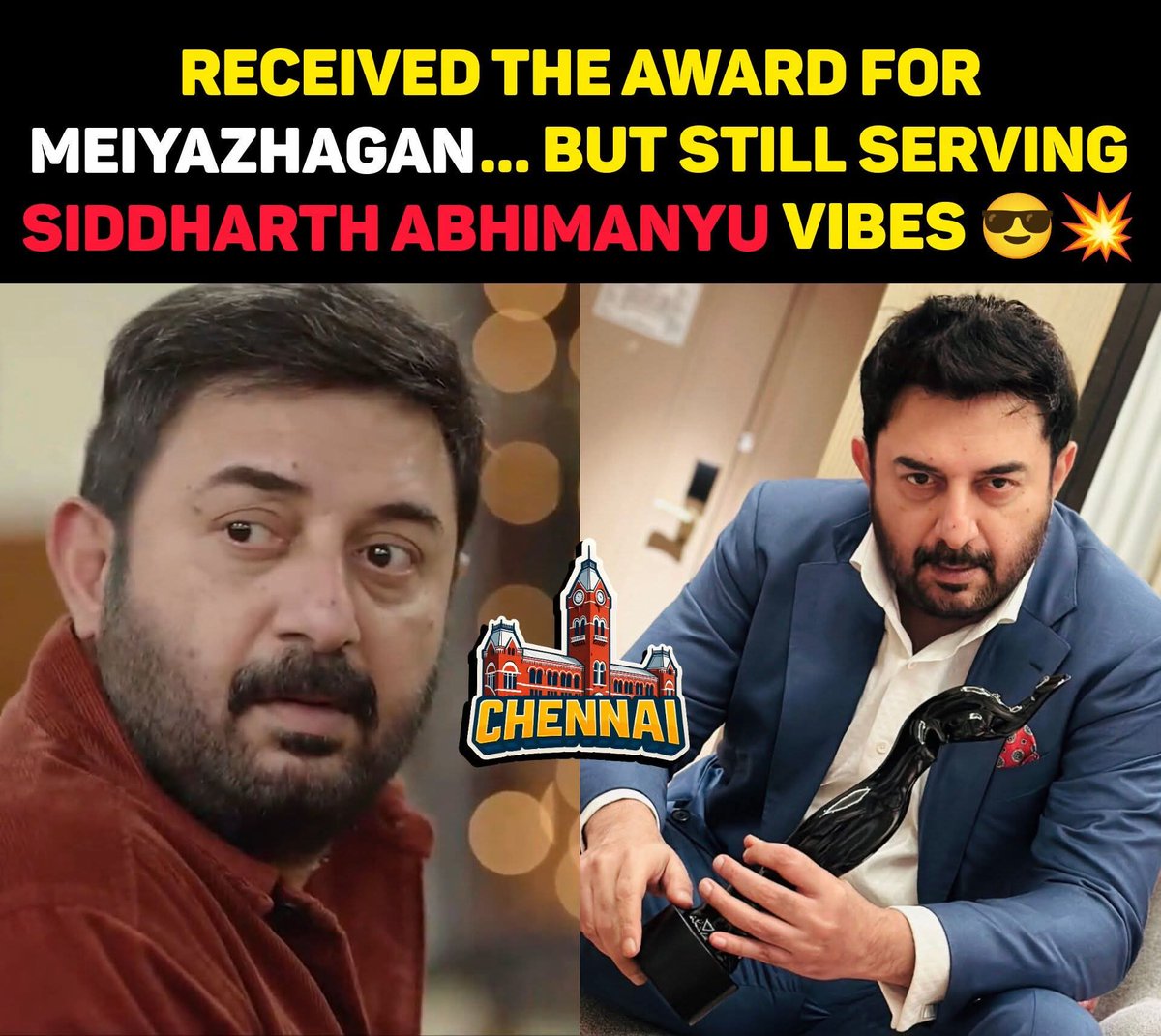 memeschennai's tweet photo. Award in hand for Meiyazhagan, but the pose? Pure Siddharth Abhimanyu energy 💥😎
#Meiyazhagan #SiddharthAbhimanyu #KollywoodVibes #MassAndClass #TamilCinemaSwag #AwardMoment #IconicPose https://t.co/X9MXipgCpW