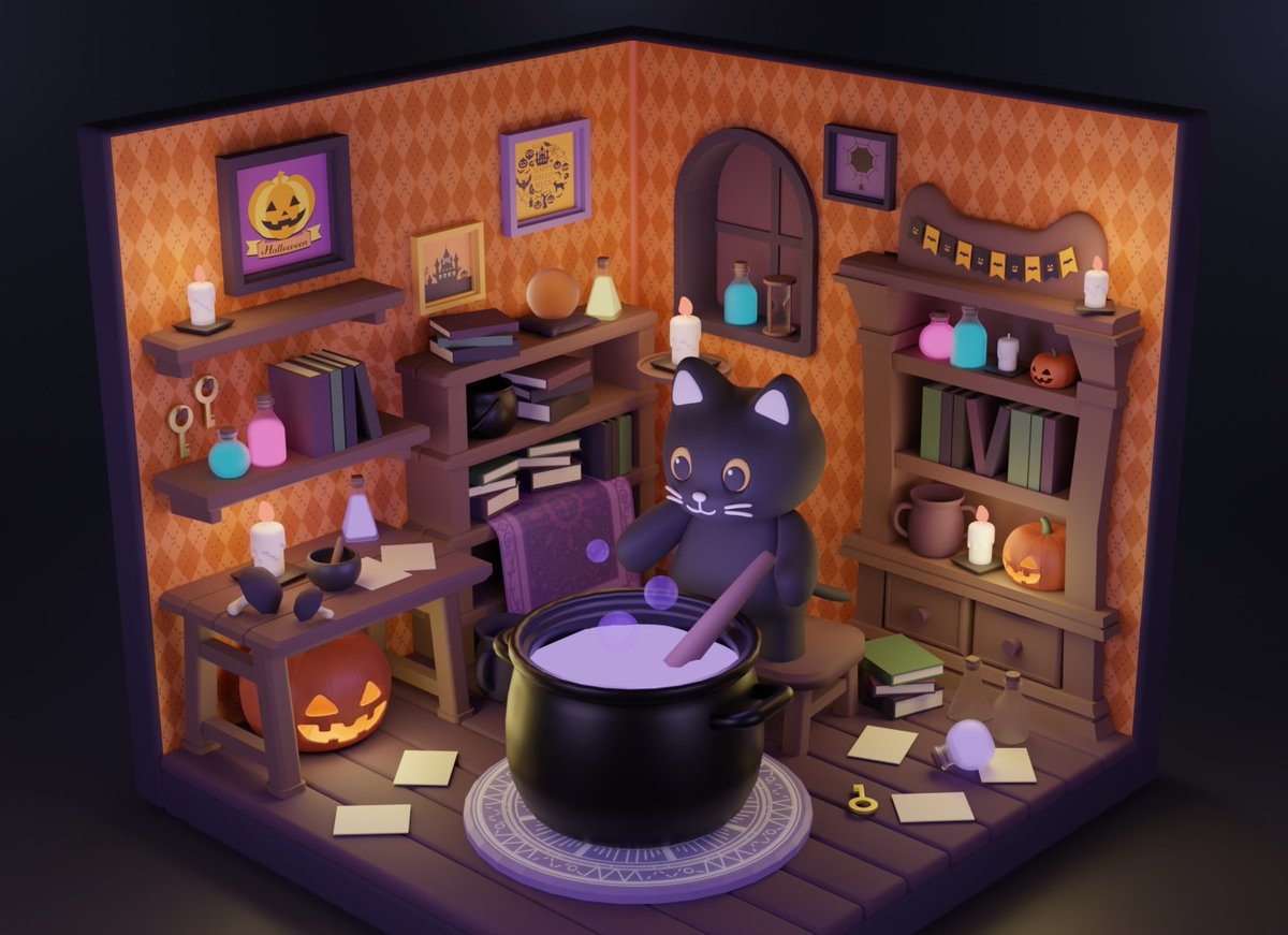 unionya42's tweet photo. 【自主制作】Blenderでコツコツ作ってた猫部屋が完成🐈‍⬛🎃 https://t.co/1wNigNEWEw