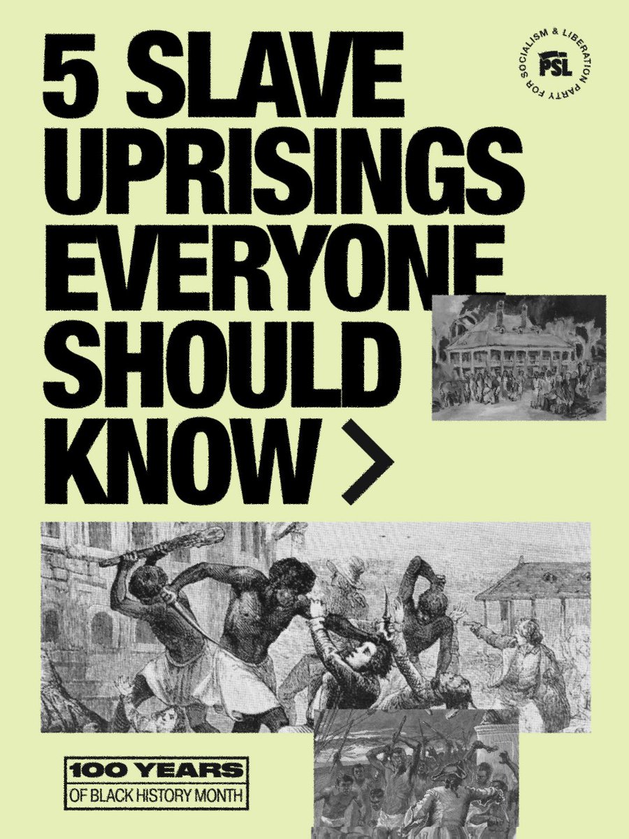 pslnational's tweet photo. While we celebrate 100 years of Black History Month, we must remember and learn from the early history of resistance that helped to shape the Black Radical Tradition at its core.

Here are 5 slave uprisings that everyone should know. 🧵 https://t.co/WaSqfD4qh1