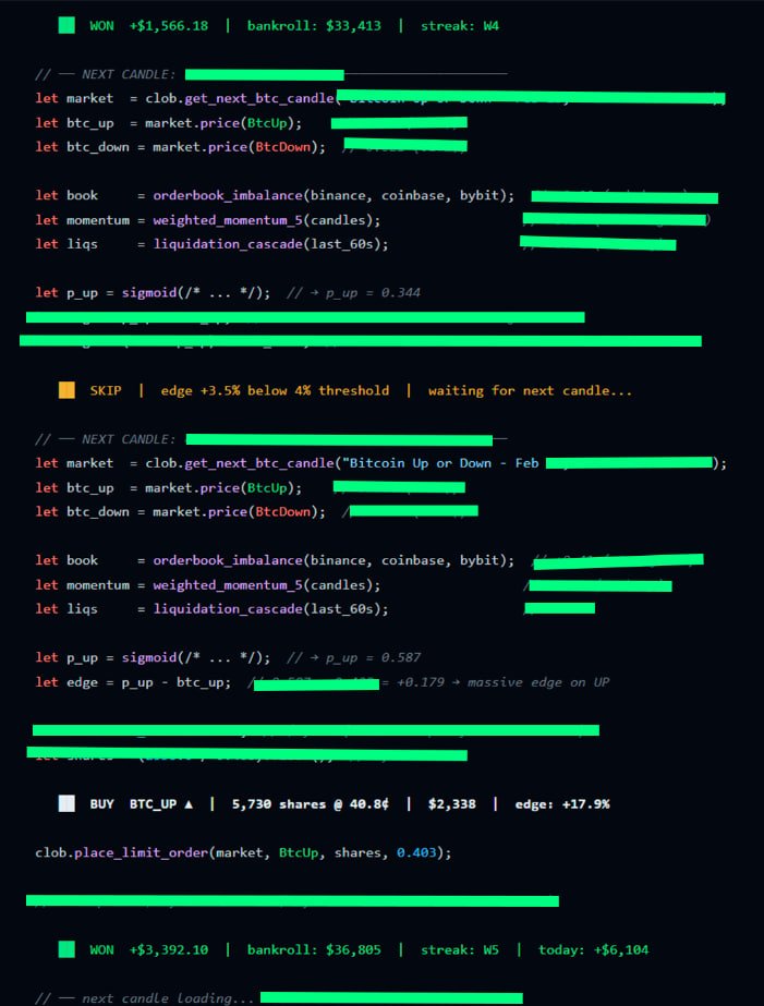 neonmask_web3's tweet photo. My Russian friend built a Polymarket clawdbot prototype

A friend of mine studying CS in Moscow has been obsessed with Polymarket clawdbots for months. Last time we talked he casually explained how the top BTC candle bots actually work. 
I couldn't stop thinking about it.

He wrote the full system up and built a working code prototype.

This is the bot logic running through 5-min candles live:
WON +$1,566 → SKIP (edge too low) → BUY BTC_UP ▲ $2,338 → WON +$3,392

The skip is the whole point. Bot sees +3.5% edge, says no. Next candle: +17.9% edge, goes full size.

$4,958 in 15 minutes because it only trades when the math is overwhelming.

6 signals. Order book imbalance across Binance/Coinbase/Bybit. Liquidation cascade detection. Claude running regime classification every 30 min.

The wallets running this strategy clear $58K last week.