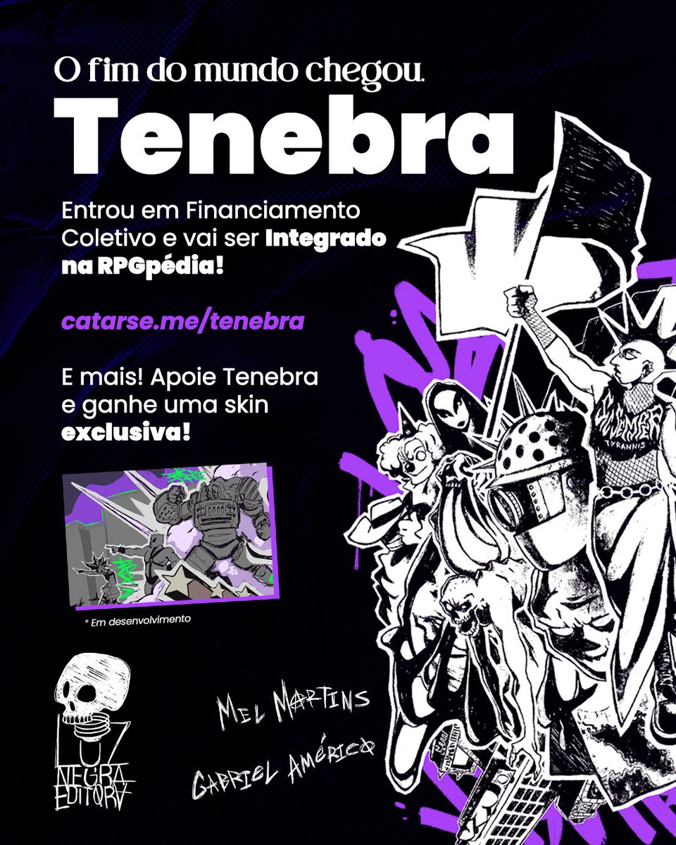 💜 Rebele-se com Tenebra!

O sistema pós-pós-apocalíptico de <a href="/TenebraRPG/">TENEBRA 🩻</a> começou seu financiamento coletivo!

E já confirmamos: No futuro ele terá ficha integrada na plataforma e TODO mundo que apoiar o catarse ganhará uma skin exclusiva do FC.

✨️ Apoie agora!