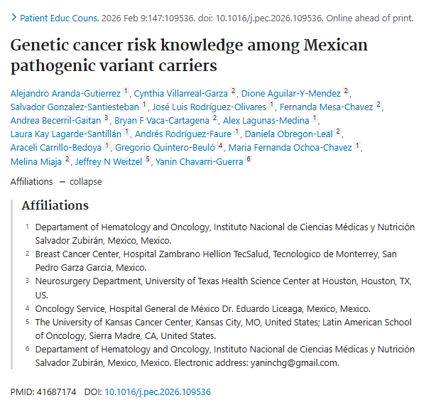 INCMNSZ_DirInv's tweet photo. Saber no siempre es actuar: Un estudio en centros de referencia de México muestra que, aunque los portadores de genes de riesgo de cáncer tienen un conocimiento aceptable, esto no garantiza que opten por intervenciones.Participación del@incmnszmx, Alejandro Aranda Gtez y cols. https://t.co/DpU5ywgxEG