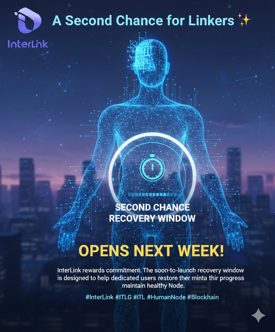 Bekihem's tweet photo. A Second Chance for Linkers ✨
InterLink rewards commitment. The soon-to-launch recovery window is designed to help dedicated users restore their progress and maintain a healthy Node. The window opens next week! ⏳
#InterLink #ITLG #ITL #ITLG #HumanNode #Blockchain https://t.co/fQpC2XeTUD