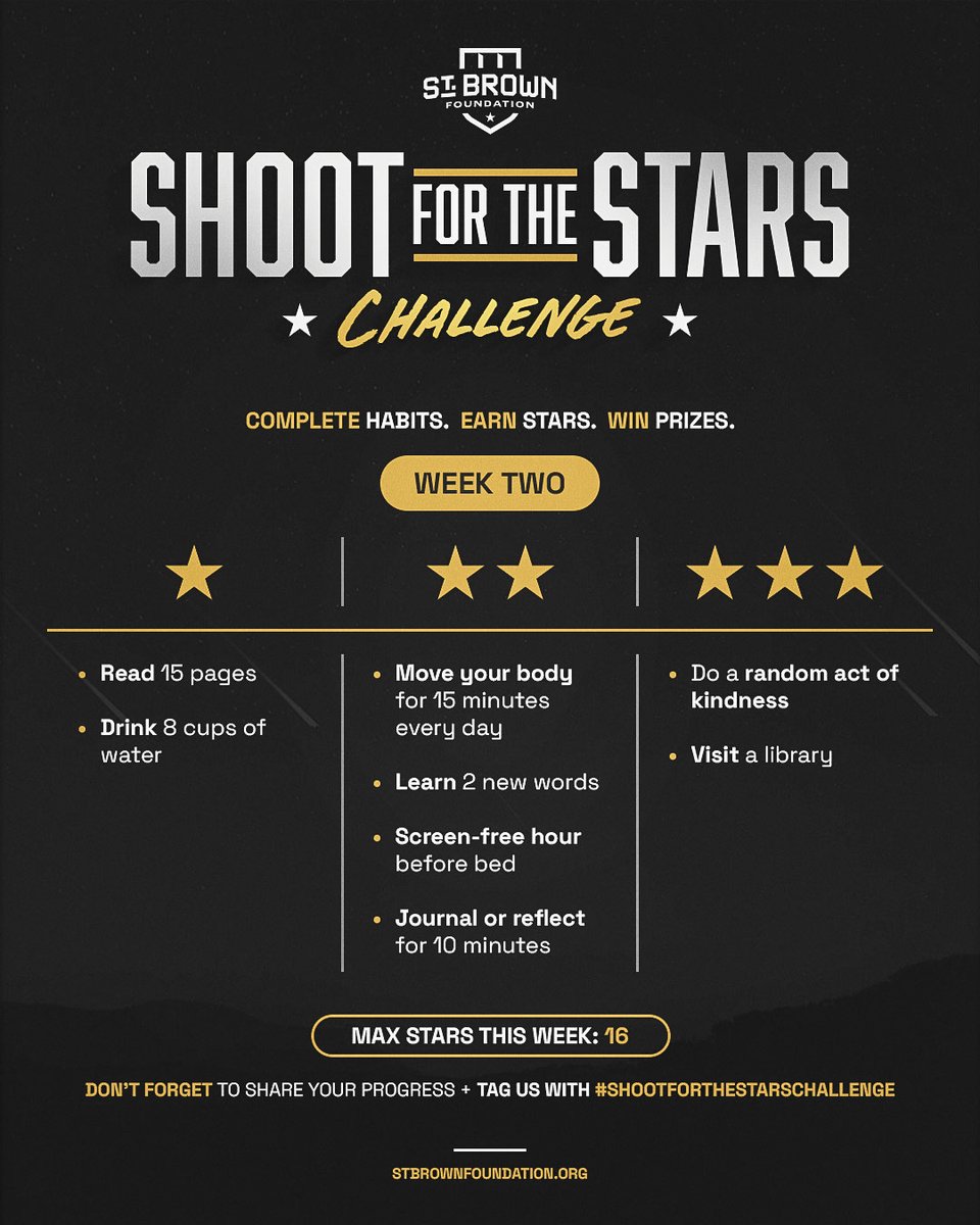 StBrownFdn's tweet photo. You showed up in Week One 😤 Now let’s level up.

Keep stacking healthy habits, keep earning stars, and most importantly… keep going. 

Participating in the challenge? You’re officially entered for a chance to win exciting prizes 👀✨ https://t.co/vESuMGP1qd