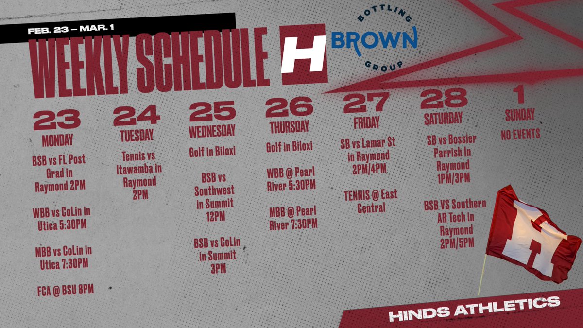 📅 Another jam‑packed week for Hinds Athletics!
Baseball, softball, tennis, golf, and basketball are all in action — both at home and on the road. 

Our student‑athletes are putting in the work, and we’d love to see the HINDS family out supporting them!