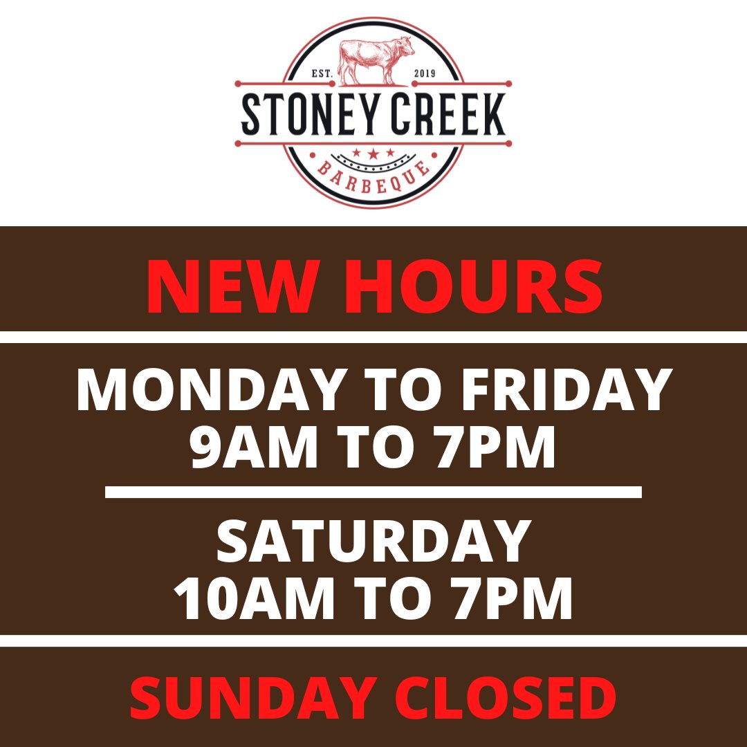 stoneycreekbbq's tweet photo. We have new hours of operation!  Monday to Friday, we're now open earlier at 9am!  Come on over and grab some delicious BBQ today!

Monday to Friday: 9am to 7pm
Saturday: 10am to 7pm.
Sunday: Closed

#StoneyCreekBBQ
#Porterville
#HoursOfOperation
#Summer https://t.co/N8TDoex5ya