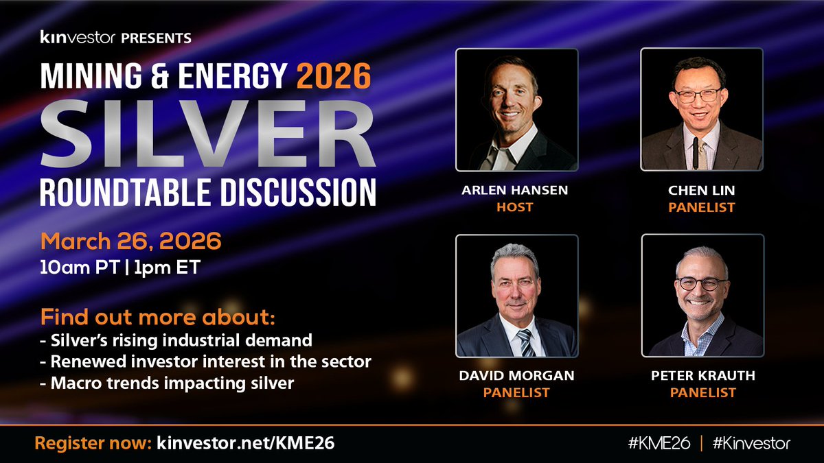 KinvestorHQ's tweet photo. 🎙 Don't miss the silver market roundtable discussion at #KME26!

Featuring: 
• @ChenLinPicks (What is Chen Buying? What is Chen Selling?)
• @silverguru22 David Morgan (The Morgan Report)
• @peter_krauth (Silver Stock Investor)

Join our panelists and host @ArlenHansen for a timely discussion on where silver may be heading and what it could mean for investors.

📅 March 26, 2026
🕗 10am PT / 1pm ET
➡️ Register: https://t.co/r4vQG5nsmP

#Silver #Commodities #Kinvestor