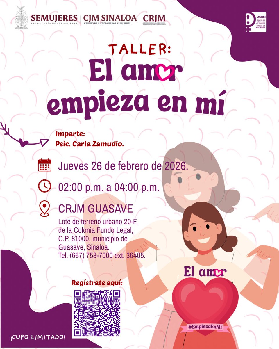💜✨ El amor empieza por mí ✨💜
Te invitamos al taller “El amor empieza por mí”, un espacio sororo y seguro para reflexionar, sanar, reconocerte y reafirmar tu valor. 🌸
📅 Jueves 26 de febrero
💻 Regístrate escaneando el QR del CJM de tu preferencia.