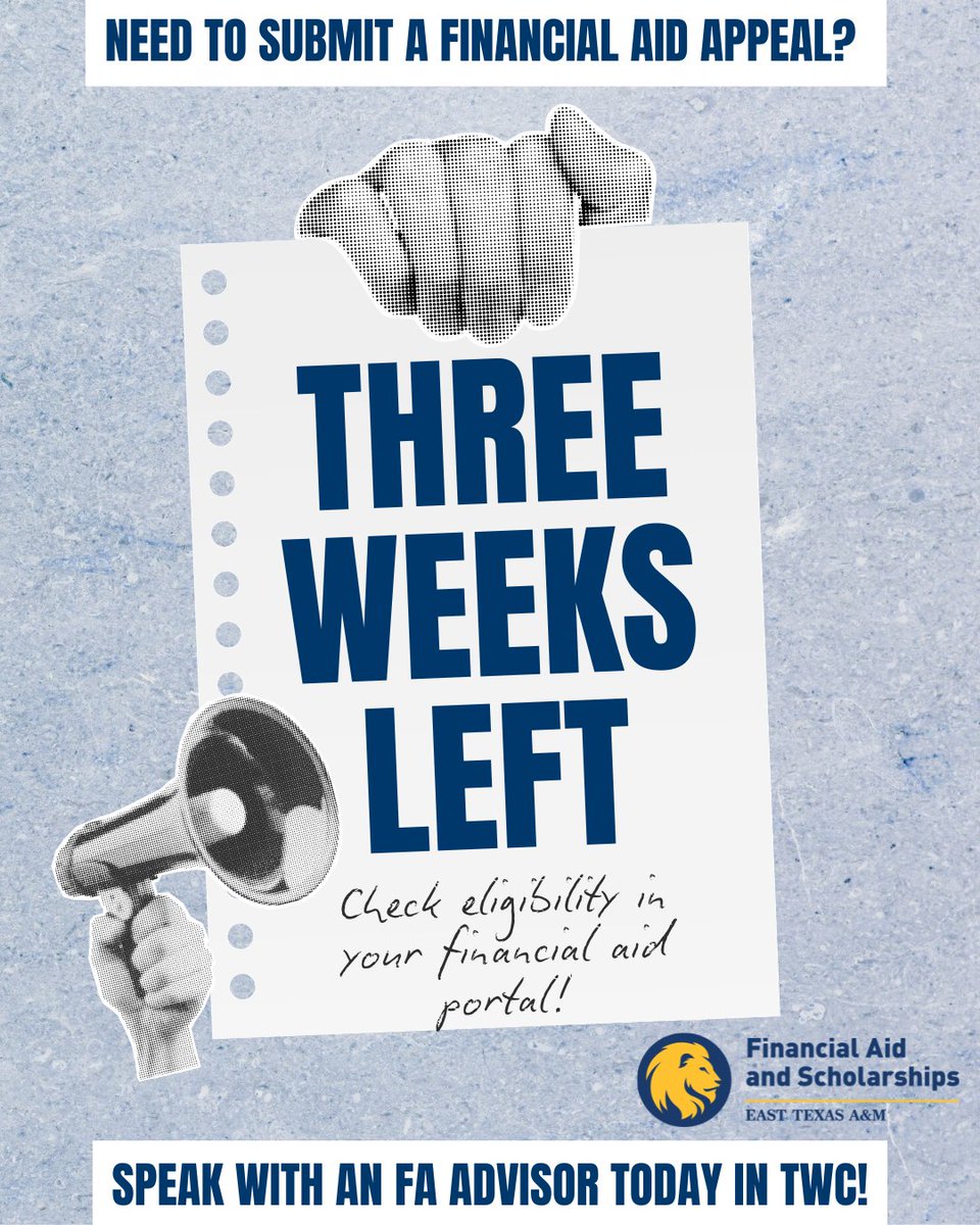 📣SAP Suspension Alert: The appeal deadline is just 3 weeks away! Log into your student portal to review your financial aid eligibility &amp; submit your appeal before the form closes. Need help? Our team at The Welcome Center is here to support you.🤝🎓 #ETAMU #financialaid #fafsa