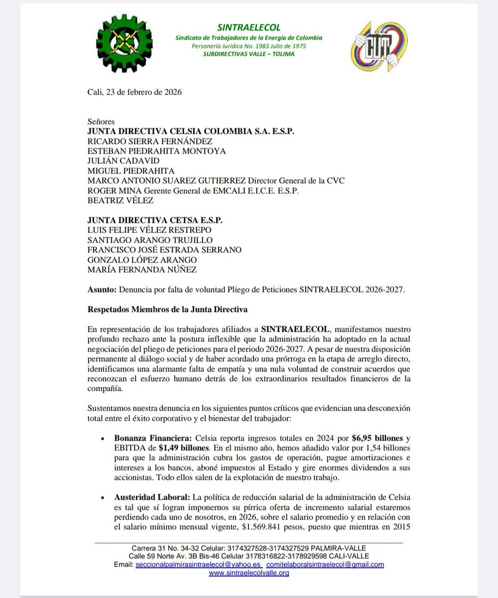 SINTRAELECOL VALLE DEL CAUCA / TOLIMA tweet media