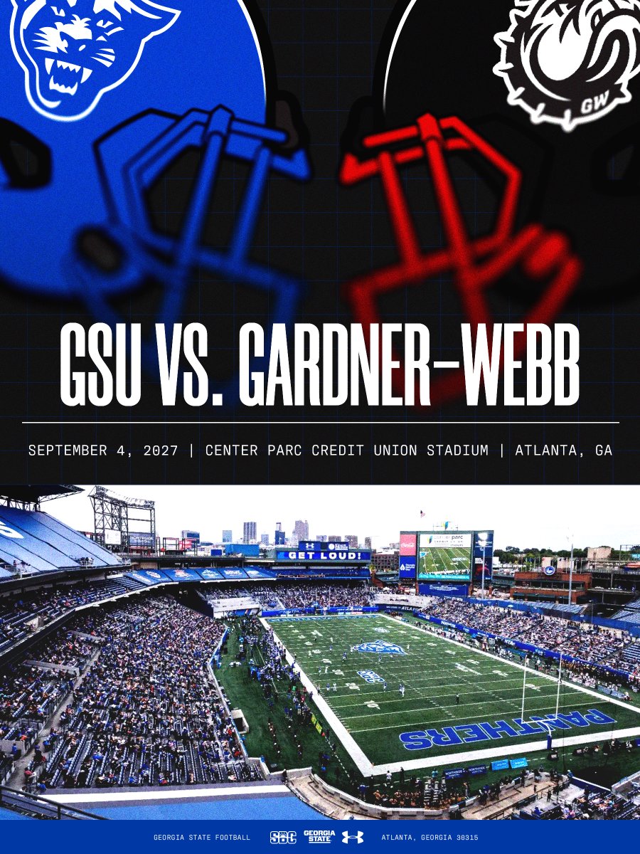 GeorgiaStateFB's tweet photo. SCHEDULED: 2027 Season-opener vs. Gardner-Webb! 🗓️

#LightItBlue | #NewAtlanta https://t.co/v1Sb5laNc7