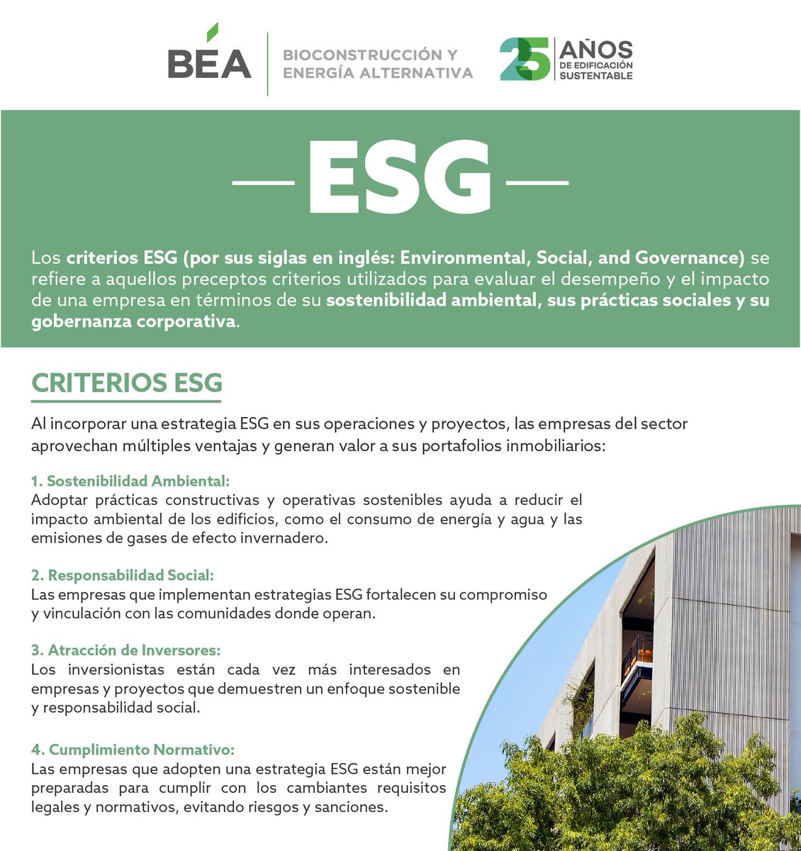 Los criterios #ESG ya no son opcionales; son el nuevo estándar de valor en el Real Estate. Implementarlos mitiga riesgos climáticos, optimiza el acceso a capital y eleva el desempeño financiero de tus activos inmobiliarios.

Optimiza tu estrategia con BÉA: bioconstruccion.com.mx/servicios/esg