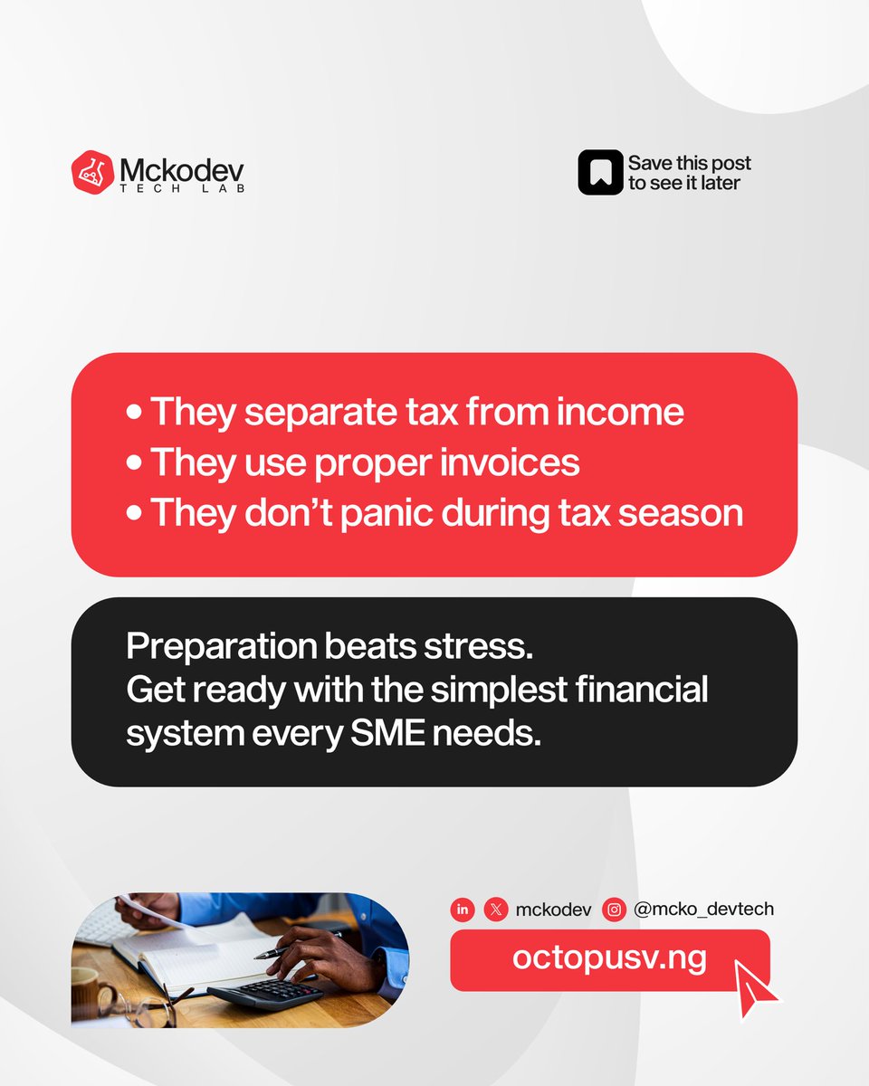 mckodev's tweet image. Tax readiness isn’t a seasonal event, it’s a daily system. The most successful SMEs don't wait for deadlines; they build compliance into every invoice.

Preparation beats stress every time. Get the system that makes tax-readiness automatic.

🔗 app.octopus.ng.

#TaxReady