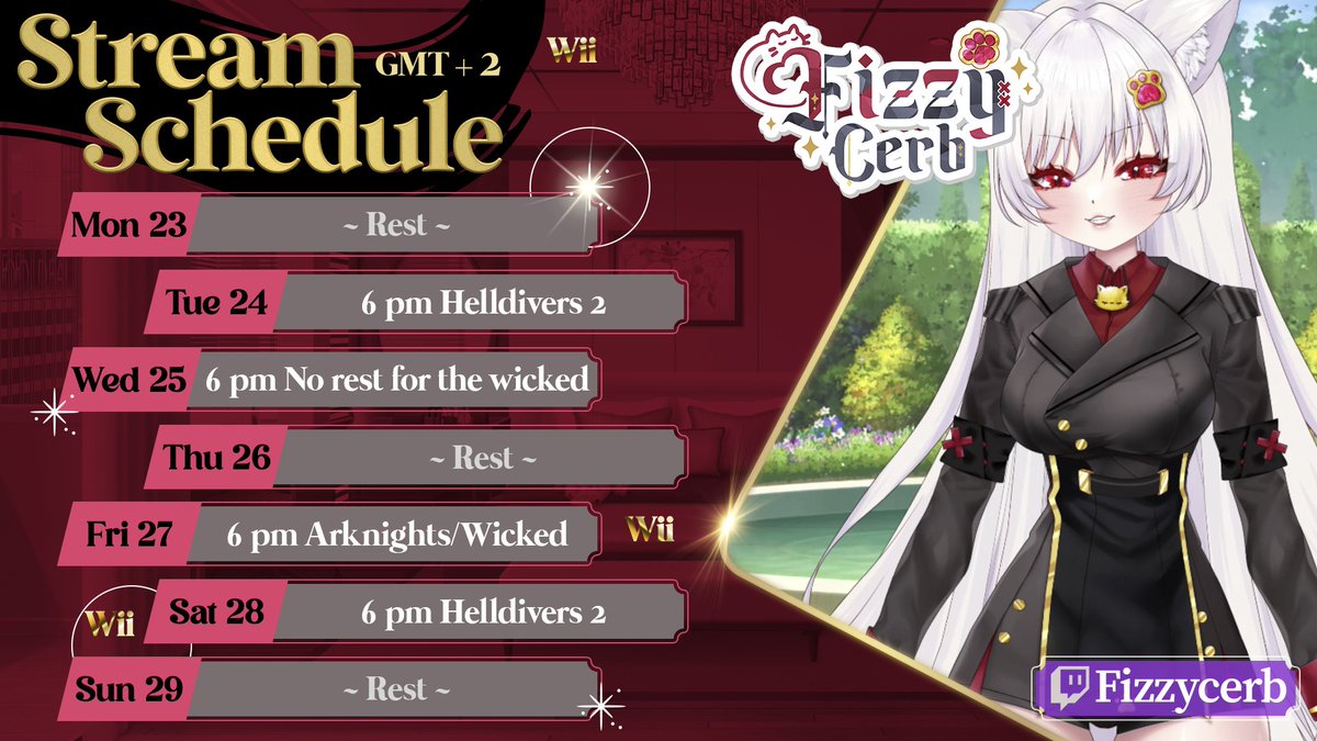 Miss Fizzy Schedule of this week~🩷

Diveweek~ #helldivers2 is so much Fun~! #democracy
#vtuber #envtuber #catgirls #girls
