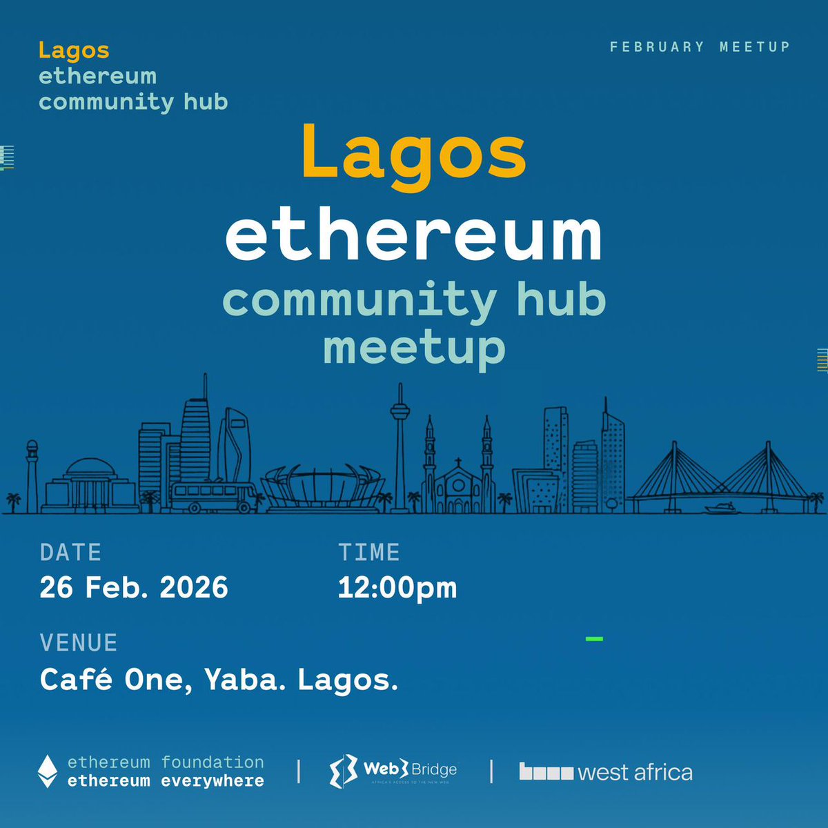 Based_Africa's tweet photo. Onchain doesn't have to be virtual-only.

Join us alongside the @EFetheverywhere x @Web3Bridge teams to catch up on all things Ethereum in Lagos &amp; have fun.

26th Feb! https://t.co/S5m6g1FDqO