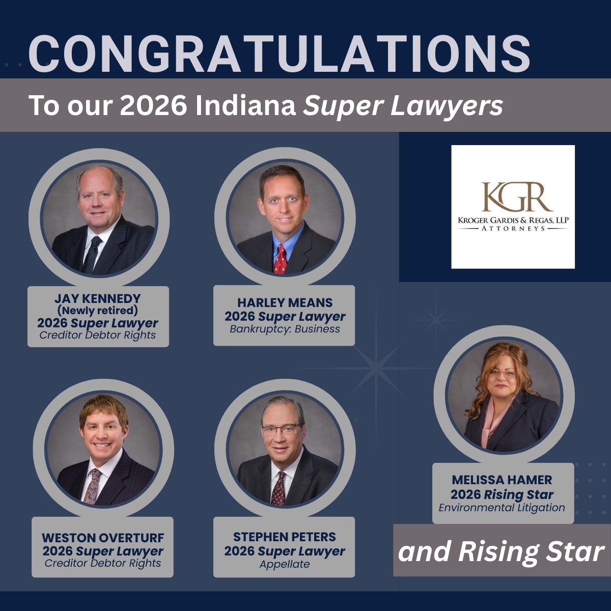 KGR celebrates our five attorneys who've earned distinction as 2026 Super Lawyers.

Please visit us online to learn more about these attorneys and their reputable legal services.
kgrlaw.com/six-kgr-attorn…
#2026IndianaSuperLawyers #IndianpolisSuperLawyers #TopIndianapolisAttorneys
