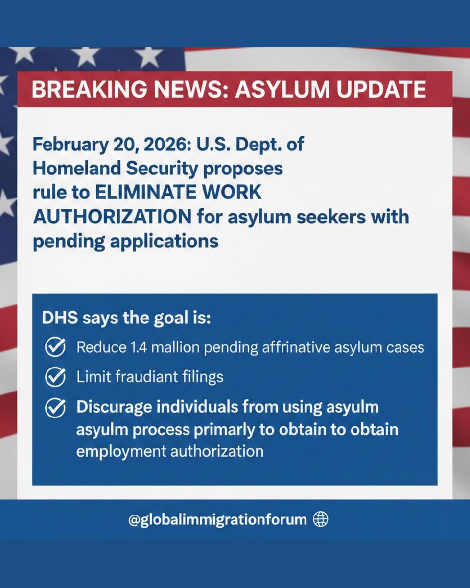 globalImmForum's tweet image. Proposed U.S. rule may remove work permits for asylum seekers with pending cases. Not final yet — public comments and legal review expected.

#USImmigration #ImmigrationNews #AsylumUpdate #DHS #VisaNews