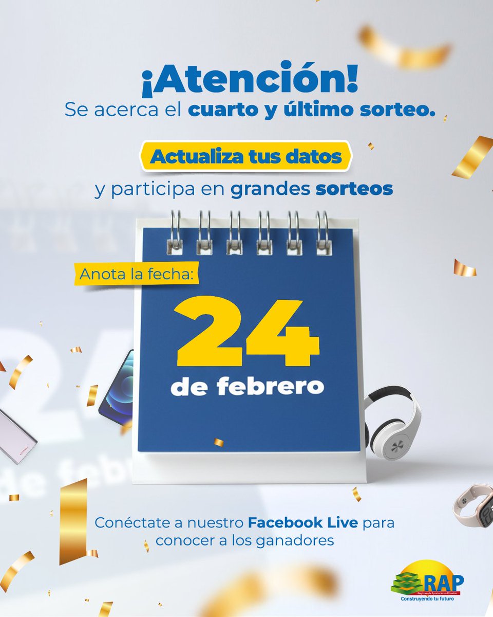 RAP_HN's tweet photo. Este martes 24 de febrero podrías ser uno de los ganadores.​
Conéctate a nuestro Live en Facebook y descubre a los últimos ganadores en el sorteo por mantener sus datos al día.​
Participa actualizando tus datos en:  https://t.co/8hvYBnrjZx
#RAPHN #ActualizaciónDeDatos https://t.co/5L7tlBHwEm