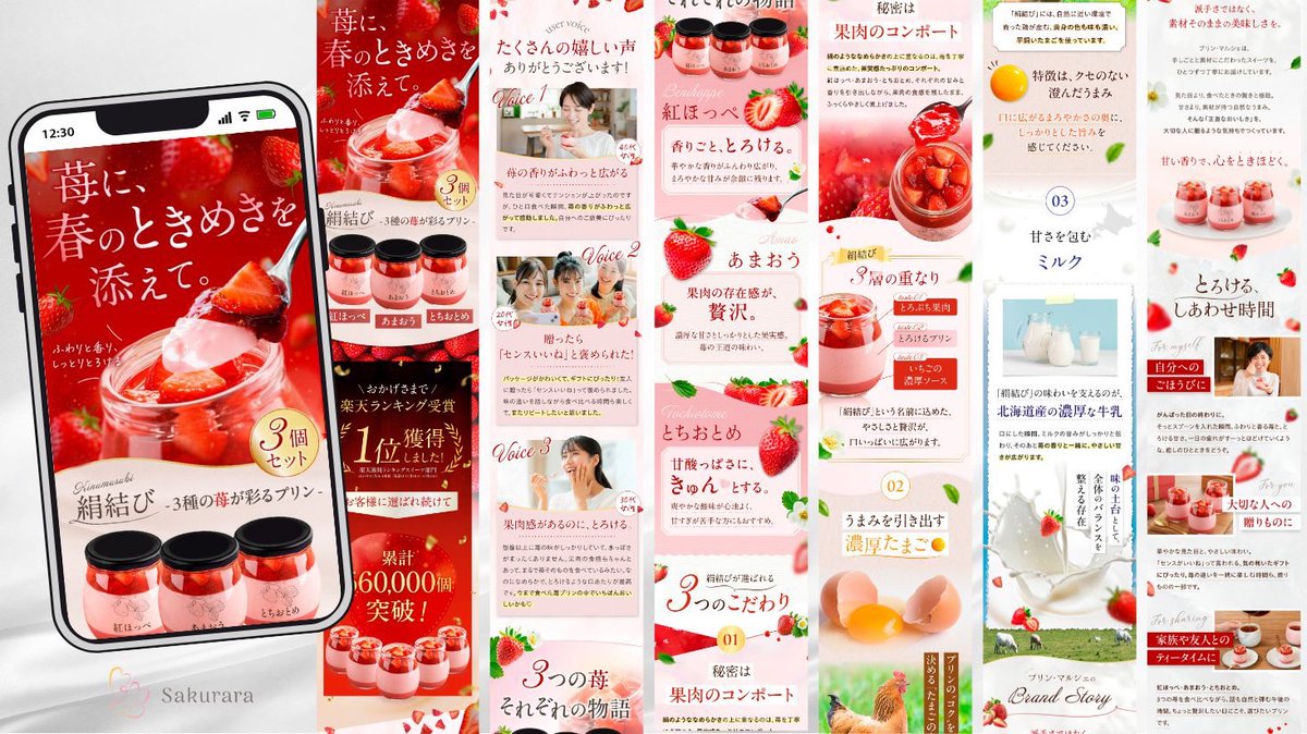 ra__dsn's tweet photo. 【 楽天LP全体 】 いちごプリン

いちごプリンのLPを制作いたしました🍓
https://t.co/Y7kDBCRt7O

□デザイン、画像生成（AI）
□ターゲット：ご褒美スイーツを探す女性
□ツール：Illustrator / Photoshop / Gemini

ポイント
①いちごプリンを美味しそうと連想させる工夫
コピーを目立たせるだけでなく、いちごや素材写真も「新鮮さ・みずみずしさ・動き」を意識して選択。食べているところが想像しやすいよう生成AIを使用して人×プリンの画像を作成。
プリンの画像も上から見たカット、蓋を開けた瞬間などバリエーション豊富に生成しました。

②文字組で「声色」や「温度感」を表現
FVのコピーや見出しは目立たせたい言葉に動きをつけて視線誘導。フォントは計5種類使用し、メインとアクセントで使い分け、デザインから商品の「特別感」が伝わるようにしています。

③商品の上質さを伝える素材選び
背景に大理石・シルク・上質紙などの素材を置いたり、余白も意識しながらあしらいは配置。「ご褒美スイーツ」としての上品さを演出しています。

--------------------------------
あなたの想いを、やさしく形に。
選ばれるデザインを制作いたします👩‍💻

3月のご依頼・ご相談受付中
楽天LP・LP・Amazon楽天商品画像等
お気軽にDMからお問い合わせください✨
@ra__dsn
--------------------------------