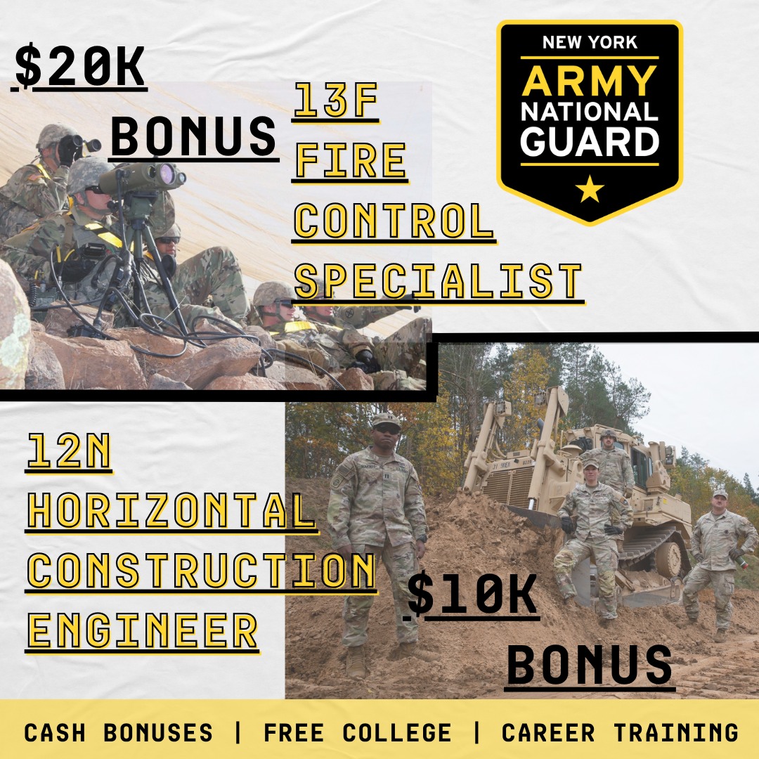 NationalGuardNY's tweet image. Jan 1, 2026 - Mar 31, 2026 - we have two bonus qualified MOS options - the Fire Support Specialist and the Horizontal Construction Engineer. 

Uncommon is calling, and is offering uncommon benefits.  How will you answer the call?

nationalguard.com/new-york
#GoGuard #MOS #Monday