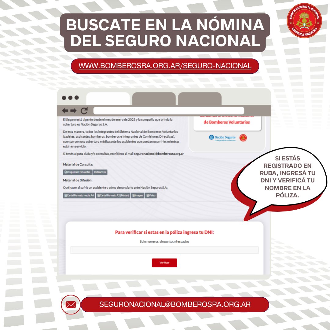 bomberosRA's tweet photo. ¿Estás en la nómina del Seguro Nacional de Bomberos? 🔍Es clave para tener cobertura. Si ya estás registrado en RUBA, verificá tu nombre en la póliza. Acá te mostramos cómo hacerlo. Por consultas escribí a 📩 seguronacional@bomberosra.org.ar https://t.co/MJMYvDFDgD