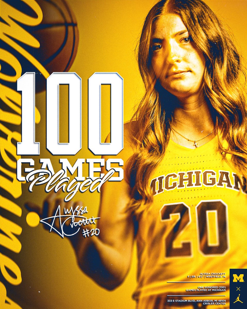 umichwbball's tweet photo. With an appearance yesterday, Alyssa Crockett is the 51st Wolverine in program history to play in 100 career games

#GoBlue https://t.co/Cb1p8ZQHuO