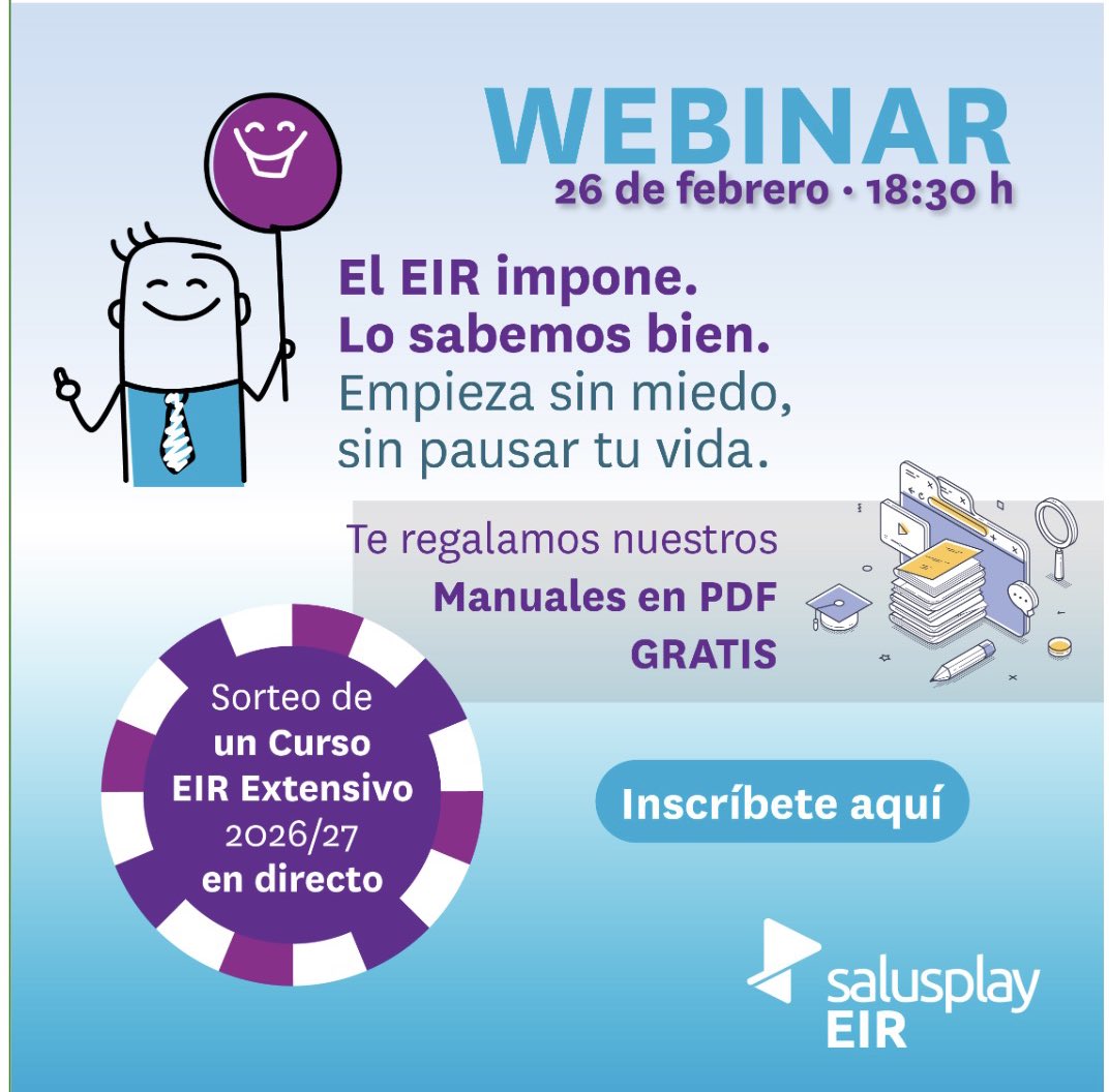 El próximo jueves 26 de febrero a las 18:30h, desde SalusPlay han organizado el webinar gratuito “Preparar el EIR de otra manera”, dirigido a aquellos/as colegiados/as que estén pensando en presentarse al EIR 2026.
Más información: m.salusplay.com/prepara-el-eir…