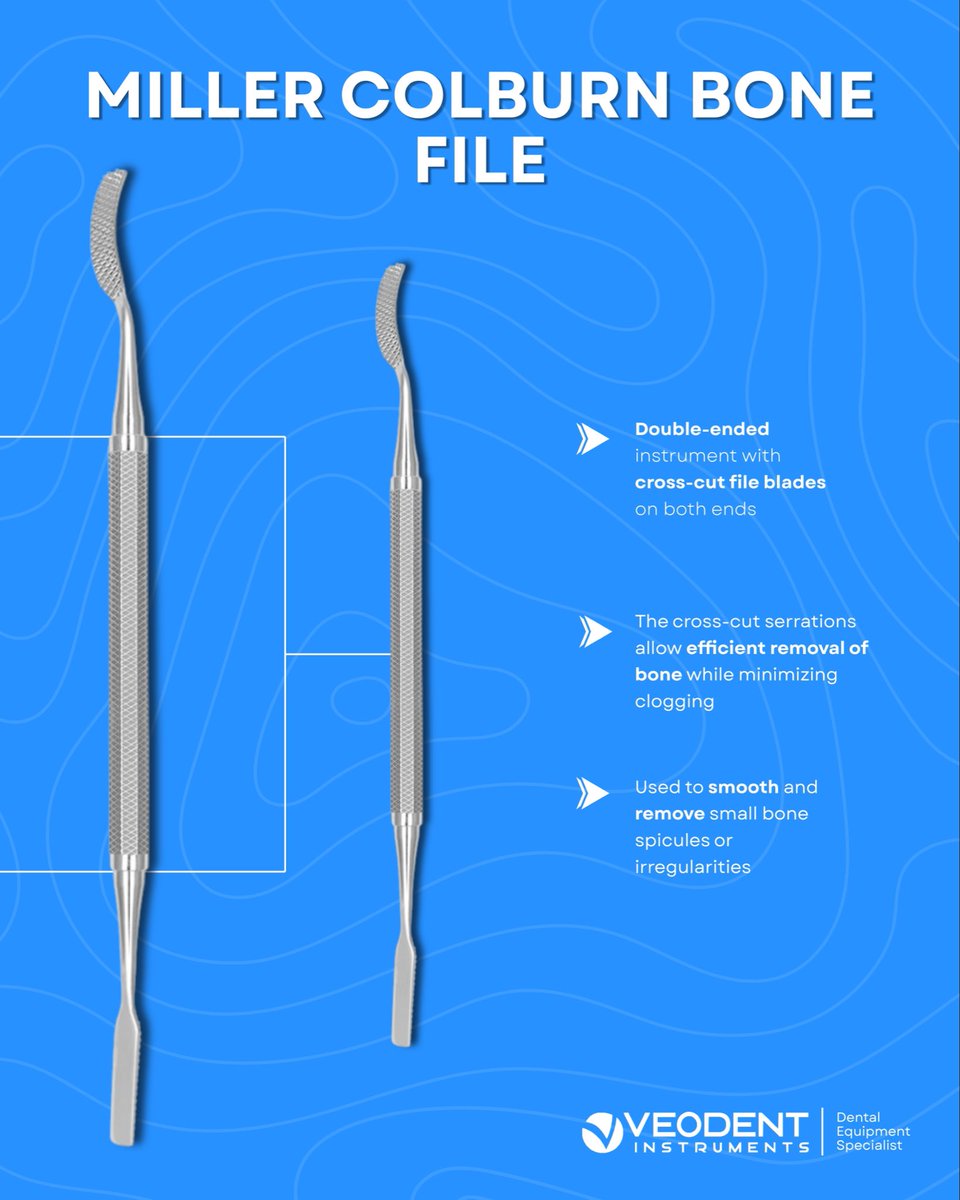 veodentins's tweet image. VeoDent Miller Colburn Bone File (Double Ended) is designed for controlled bone reshaping and smoothing. Featuring straight and curved cross cut serrated ends, it works efficiently on a pull stroke for precise filing in narrow areas.
#veodent #bonefile #dentalsurgery #dentaltools