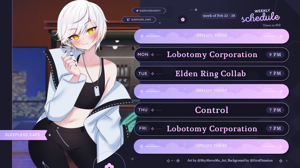 New Schedule Day!!!
Sorry I was gone for so long after getting sick, but I'M BACK BABY!
We'll be having a long stream tonight and having lots of fun! 

✨ Feb 22 - 28 ✨

MON - Lobotomy Corporation 🧠 

TUE - Elden Ring ⚔️

THU - Control 🔻

FRI - Lobotomy Corporation 🧠