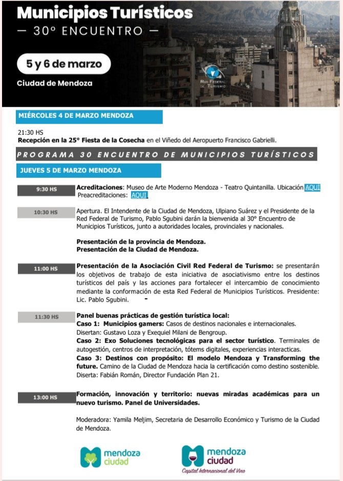 RedFederalTuris's tweet photo. Compartimos programa del 30° Encuentro de Municipios Turísticos a realizarse en el marco de la 90° Fiesta Nacional de la Vendimia en la Ciudad de Mendoza, los días 5 y 6 d3 marzo https://t.co/yzomphjWOZ