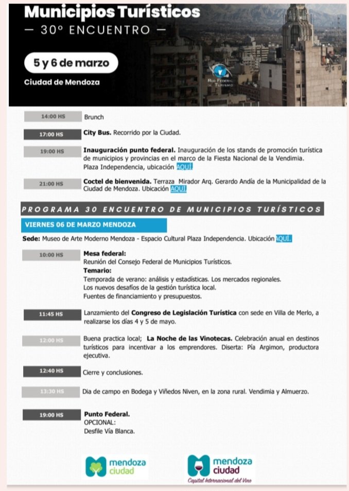 RedFederalTuris's tweet photo. Compartimos programa del 30° Encuentro de Municipios Turísticos a realizarse en el marco de la 90° Fiesta Nacional de la Vendimia en la Ciudad de Mendoza, los días 5 y 6 d3 marzo https://t.co/yzomphjWOZ