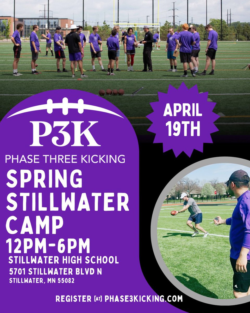 Phase3Kicking's tweet photo. Join us in Minnesota for our annual spring camp on April 19! 

Professional Instruction, Charting, Competition, Skill Development, Player Evaluation and Exposure to College Coaches. High School, Middle, &amp; College/Transfers.  All Skills.

Register at 🔗: https://t.co/rrNa7ZkS3w https://t.co/Hg73qa2cYz