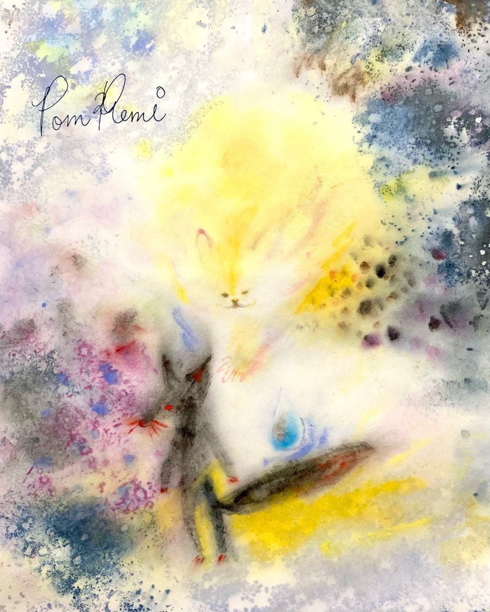 黒ぎつねと黄色い影🦊 水彩画 ※縦横20×15cmぐらいの絵、 和紙に描いて