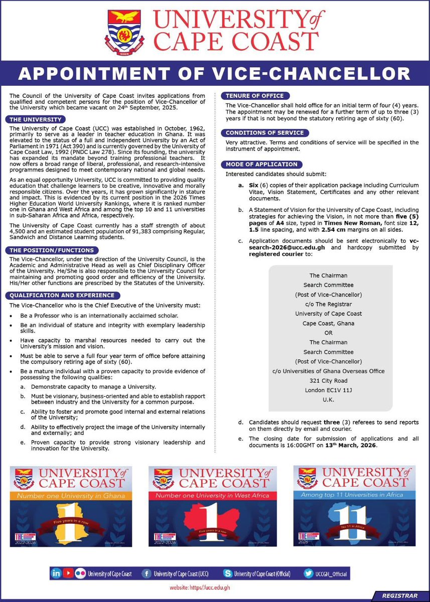 You could be the next Vice-Chancellor of UCC.

Apply now 😎