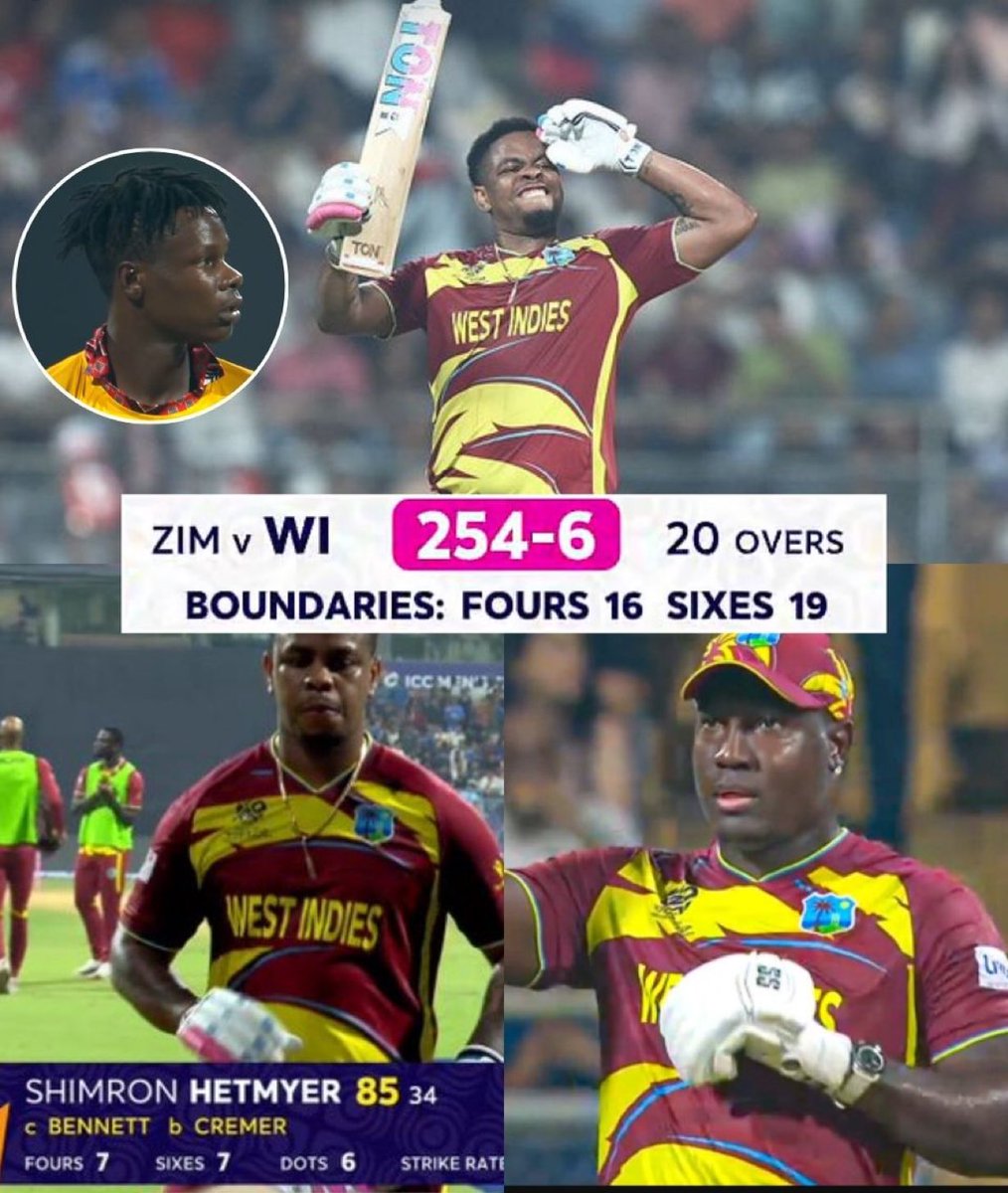 वेस्टइंडीज़ ने बोर्ड पर 254 रन बनाए, इस विश्व कप में सबसे ज़्यादा और टी20 विश्व कप में दूसरा सबसे ज़्यादा।

📸 #ZIMvsWI #T20WorldCup2026 #ShimronHetymer #CricketFever #westindiescricket