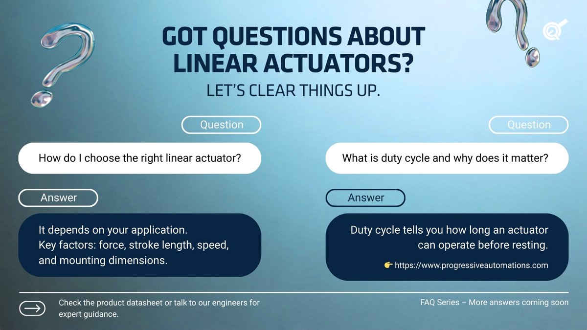 Got questions about linear actuators? ⚙️
Let’s clear things up.
Here are the answers to the most common questions 👇
Learn more, explore resources, and find the right solution for your application:
👉 hubs.la/Q043kM4M0