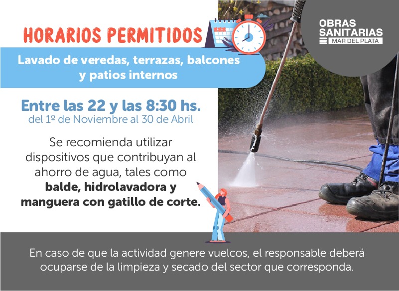 ⏰ El verano sigue vigente y todavía nos esperan días de calor.  ¿Cumplís con los horarios fijados para los distintos lavados? Es fundamental no derrochar el agua.

✅ Recordalo: si desperdicias el recurso vas a perjudicar a tu vecino. Contamos con vos.