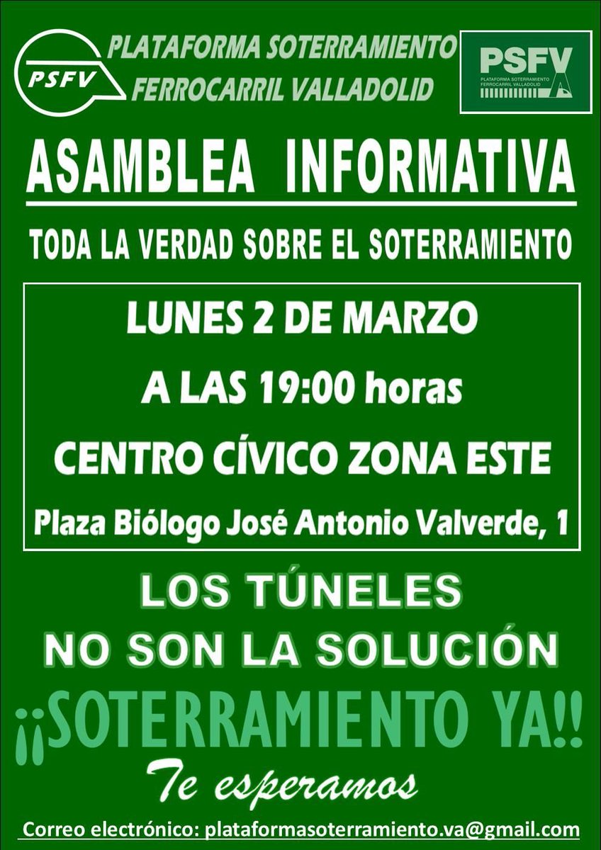 Toda la verdad sobre el soterramiento en Valladolid se podrá conocer en nuestra próxima asamblea informativa. Todos los detalles en la imagen. 
"La verdad adelgaza y no quiebra, y siempre anda sobre la mentira como el aceite sobre el agua".