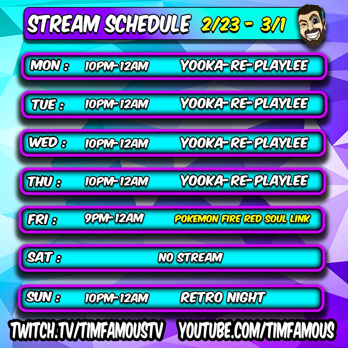 🚨 NEW STREAM SCHEDULE 🚨
2/23 – 3/1

We’re grinding Yooka-Replaylee all week 👀
🔥 Friday: Pokémon Fire Red Soul Link w/ <a href="/WillyHoon/">Willyhoon 😎</a> 
🎮 Sunday: Retro Night is BACK

Live most nights at 10PM EST (9PM Friday!)

Pull up. Let’s run it. 💪

#Streaming #TwitchStreamer #YouTubeGaming