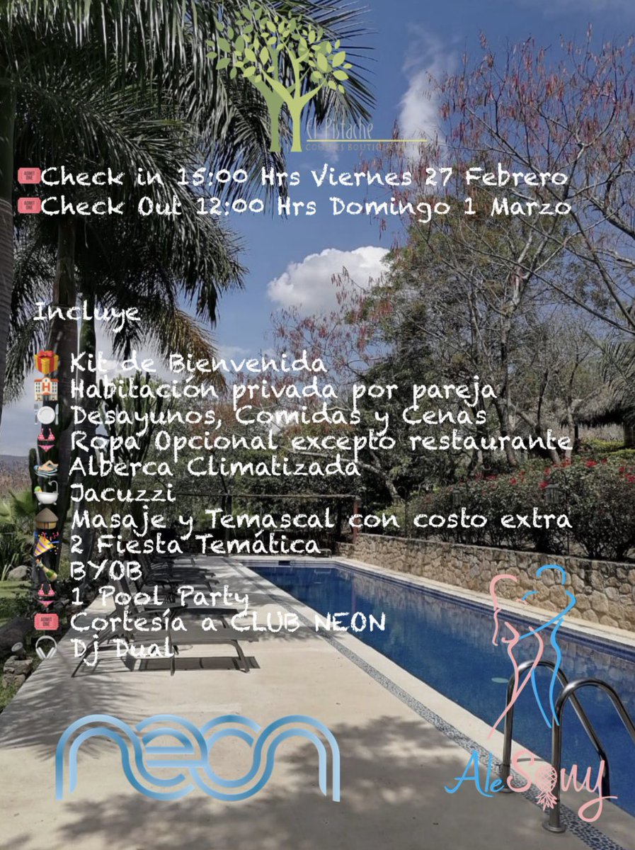 alesony1122's tweet photo. *🚨ÚLTIMAS 2 SUITES DISPONIBLES🚨*

      👙*TAKE OVER*👙
  🌳*EL PISTACHE*🌳
*By AleSony & Club NEON*                 

📆 27, 28 Febrero y 1 Marzo 2026
📍El Pistache 

🛌 15 Habitaciones 
🏊🏻‍♂️ Alberca Climatizada
🛁 Jacuzzi
🍳 Desayunos
🍽️ Comidas 
🍱 Cenas
🍾 BYOB
👜 Kit de Bienvenida
🥤Vasos Personalizados
🧊 Hielos
🥳 2 Fiestas temáticas 
🎧DJ Dual 
🛖Day Pass

🎟️ *HABITACIONES*

🛖🛁 Master Suite Con Jacuzzi 
*AGOTADAS*

🛖 Suite Techo Palma
*AGOTADAS*

🏠Suite Techo Loza
*2 Disponibles*

*🛖Day Pass*
Disponibles 5 Viernes 
Disponibles 5 Sábado

* *No Incluye Hospedaje!* 
Horario:  Sábado 11:00 am a Domingo 4:00 am
Incluye: Comida, Cena.

🚫*NO HAY DEVOLUCIONES*

🎟️ Reservaciones
📲 5548667901 AleSony
