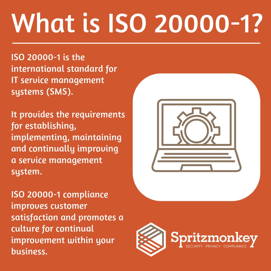 ISO 20000-1 is the international standard for IT service management systems (SMS).

ISO 20000-1 compliance improves customer satisfaction and promotes a culture for continual improvement within your business.

Get certified: spritzmonkey.com/iso-20000-1

#ISO #Spritzmonkey
