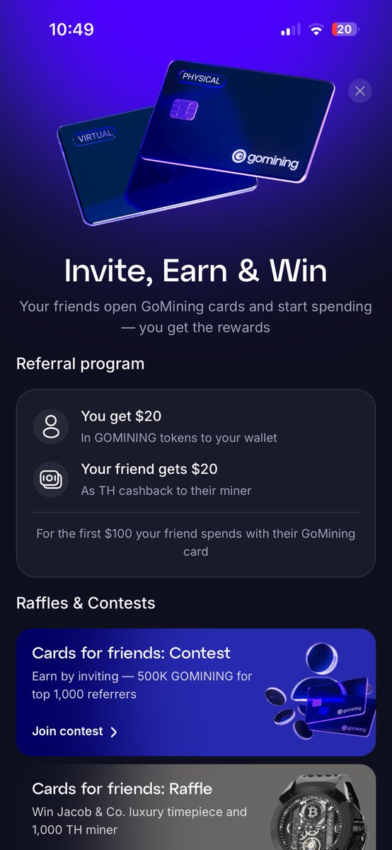 Here’s a good place to grab a crypto card hold your balance as crypto so you’re not losing out but able to spend one needed grab a free $20 when you spend $100 gomining.com/?ref=amUVH #gominingtoken $btc