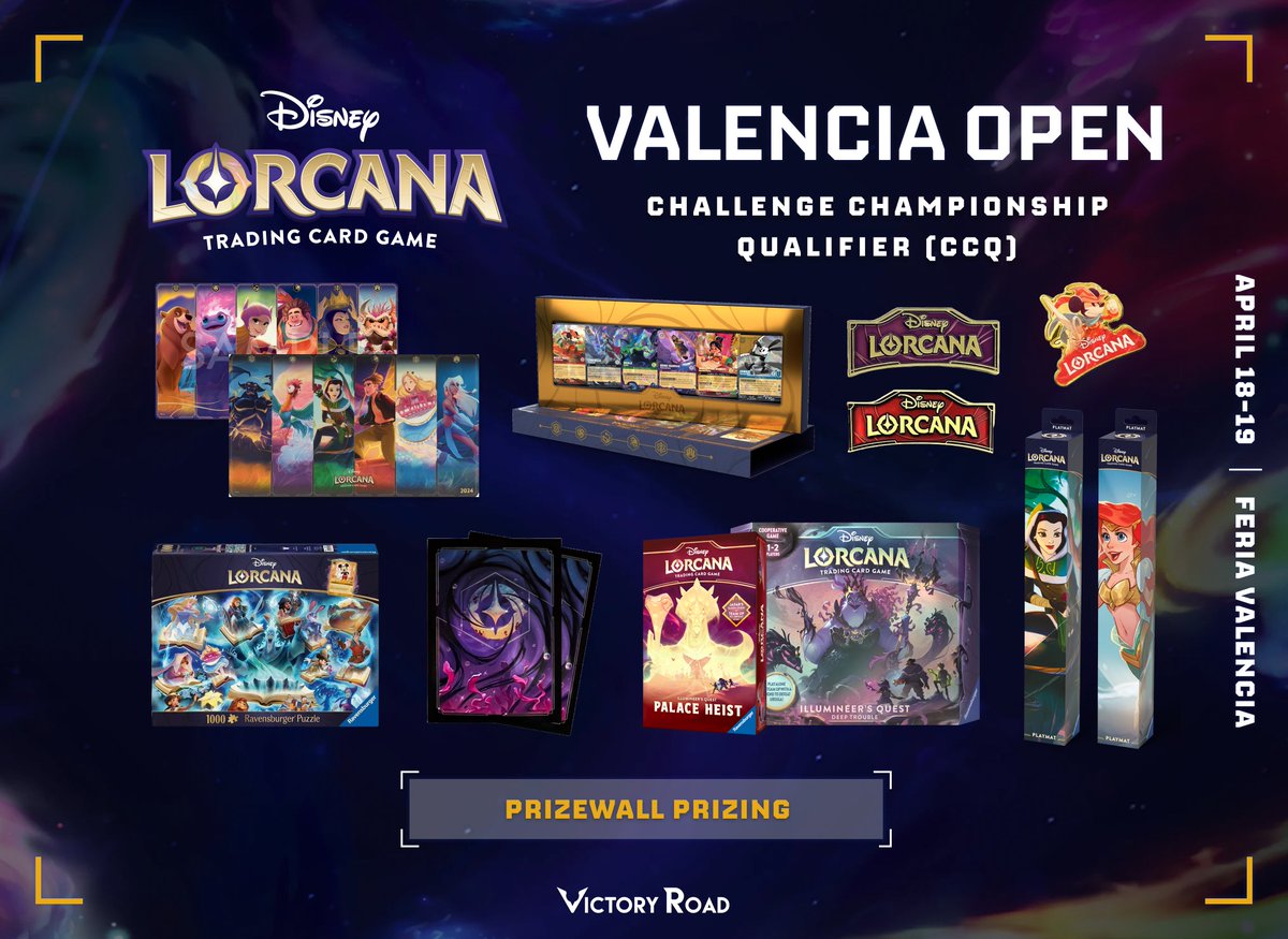 Illumineers coming to our Disney Lorcana Valencia Open CCQ!  We can now  announce there will be a Prize Wall with tons of prizing to exchange for  tickets from Side Events!