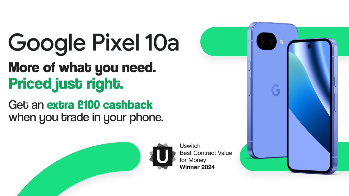 iD_Mobile_UK's tweet photo. Pre-order the Google Pixel 10a and bag an extra £100 cashback when you trade in your phone. 📱👏 https://t.co/iyPyfgMxW3 https://t.co/Zl3cSo4T3q