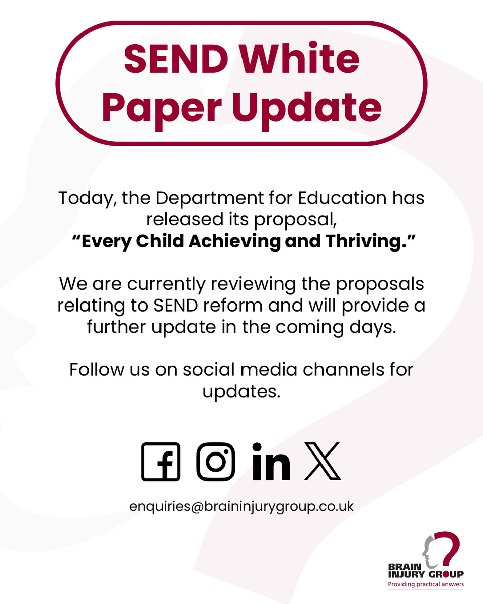 braininjurygrp's tweet photo. The Schools White Paper, “Every Child Achieving and Thriving,” sets out proposed SEND reforms.

👉 Proposals, not law
👉 Clearer basis for discussion and response
👉 Current SEND legal duties remain fully in force

#SEND #EHCP https://t.co/9jZQt0vIYl
