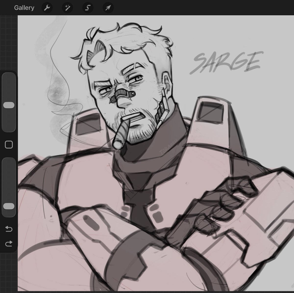 (WIP) i don’t see a lot of sarge designs so here we go,,
its  kinda odd but i like to think he covers up some of his scars with metal scraps just because he can

probably gonna make some changes later